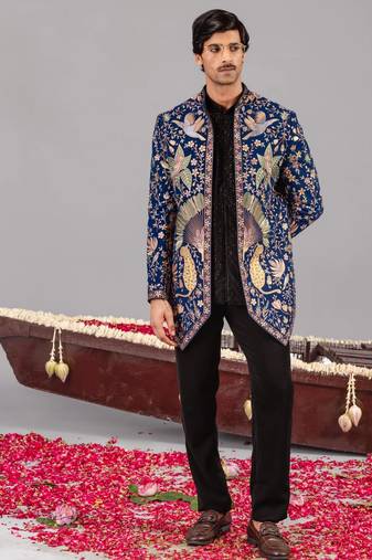 Navy blue georgette embroidered jodhpuri set for mens
