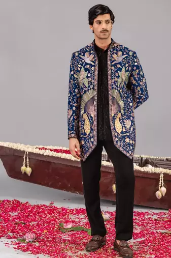 Navy blue georgette embroidered jodhpuri set for mens