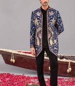 Navy blue georgette embroidered jodhpuri set for mens