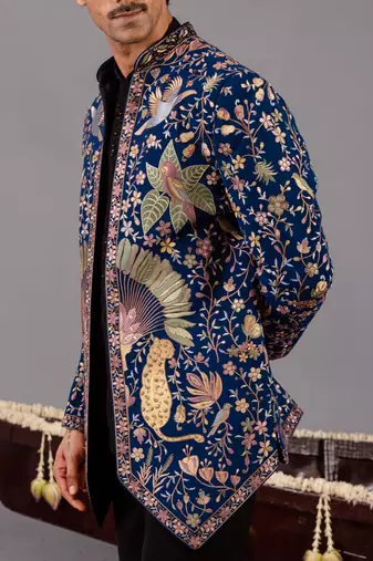 Navy blue georgette embroidered jodhpuri set for mens