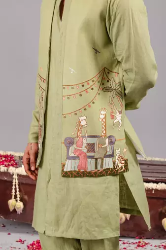 Ghreen georgette embroidered linen kurta jacket set for mens