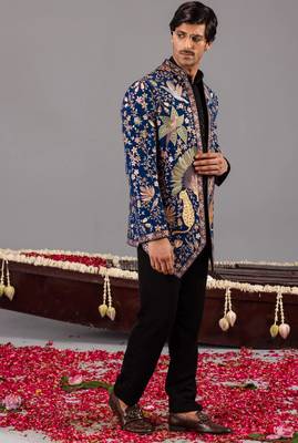 Navy blue georgette embroidered jodhpuri set for mens 3