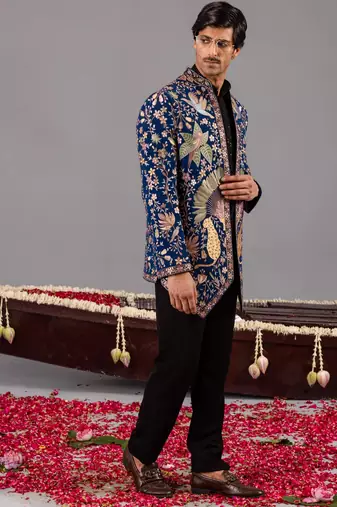 Navy blue georgette embroidered jodhpuri set for mens