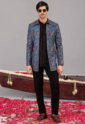 Blue georgette embroidered jodhpuri set for mens 1