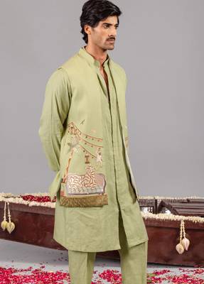 Ghreen georgette embroidered linen kurta jacket set for mens 3