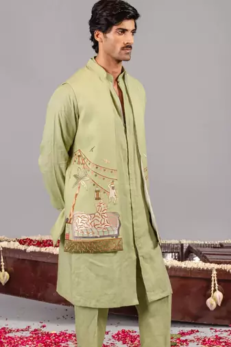 Ghreen georgette embroidered linen kurta jacket set for mens