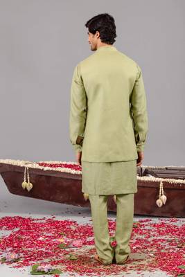Ghreen georgette embroidered linen kurta jacket set for mens 4