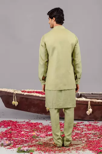 Ghreen georgette embroidered linen kurta jacket set for mens
