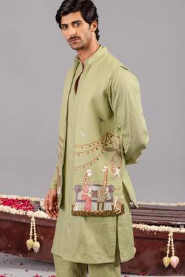 Ghreen georgette embroidered linen kurta jacket set for mens 1