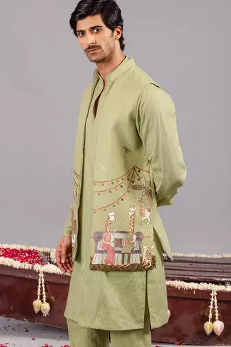Ghreen georgette embroidered linen kurta jacket set for mens