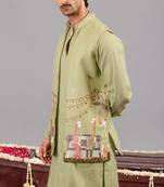 Ghreen georgette embroidered linen kurta jacket set for mens