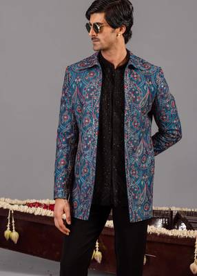 Blue georgette embroidered jodhpuri set for mens 2