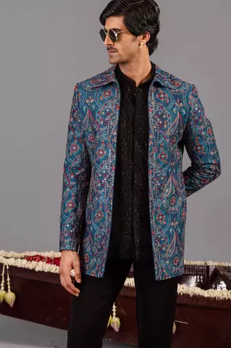 Blue georgette embroidered jodhpuri set for mens