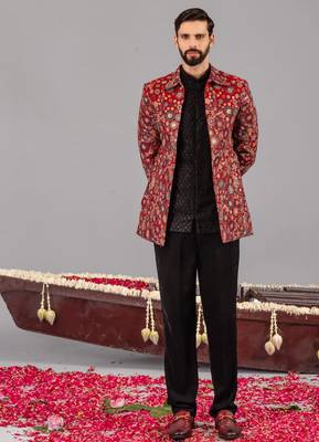 Maroon georgette embroidered jodhpuri set for mens 1