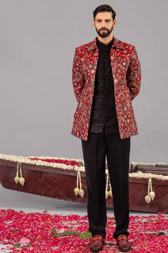 Maroon georgette embroidered jodhpuri set for mens