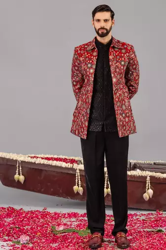 Maroon georgette embroidered jodhpuri set for mens