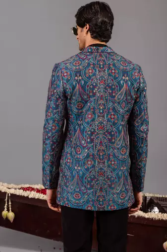 Blue georgette embroidered jodhpuri set for mens