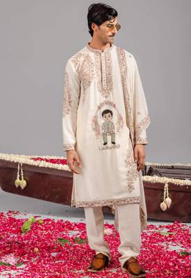 Cream georgette embroidered kurta set for mens 1