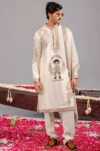 Cream georgette embroidered kurta set for mens