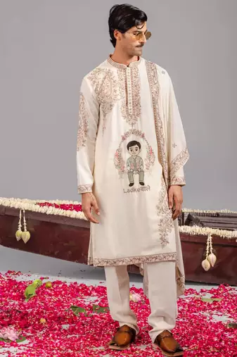 Cream georgette embroidered kurta set for mens