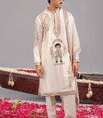 Cream georgette embroidered kurta set for mens
