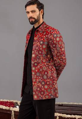 Maroon georgette embroidered jodhpuri set for mens 2