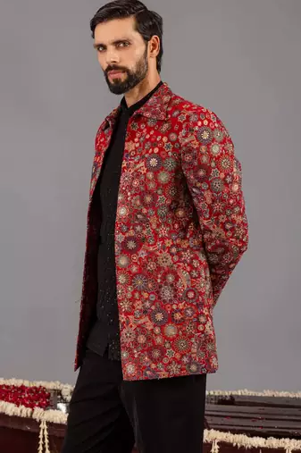 Maroon georgette embroidered jodhpuri set for mens