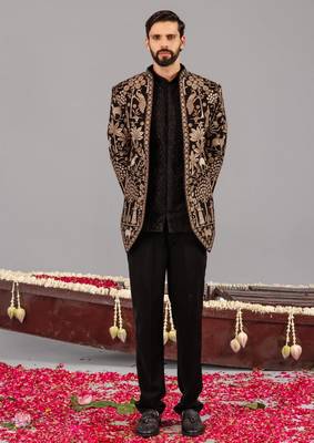Black georgette embroidered jodhpuri set for mens 1