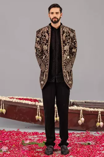 Black georgette embroidered jodhpuri set for mens