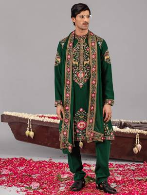 Bottle green georgette embroidered kurta set for mens 1