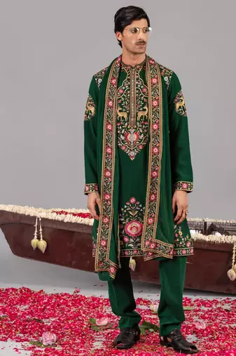 Bottle green georgette embroidered kurta set for mens