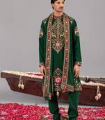 Bottle green georgette embroidered kurta set for mens