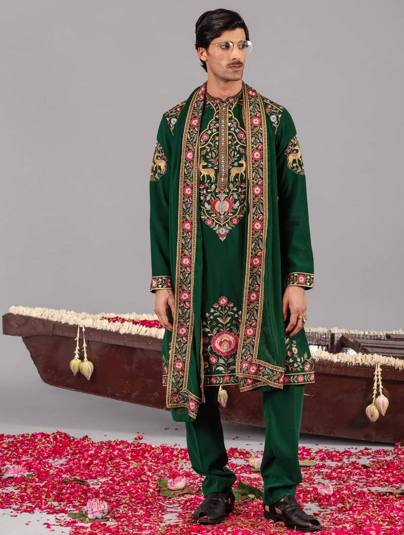 Bottle green georgette embroidered kurta set for mens