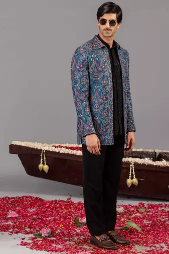 Blue georgette embroidered jodhpuri set for mens
