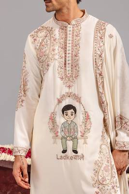 Cream georgette embroidered kurta set for mens 2