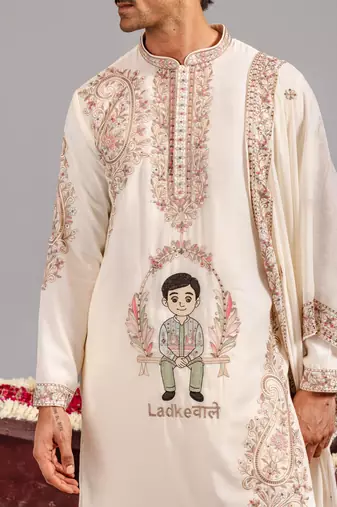 Cream georgette embroidered kurta set for mens