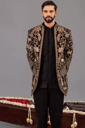 Black georgette embroidered jodhpuri set for mens