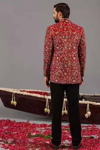Maroon georgette embroidered jodhpuri set for mens