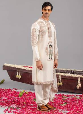 Cream georgette embroidered kurta set for mens 3