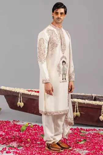 Cream georgette embroidered kurta set for mens