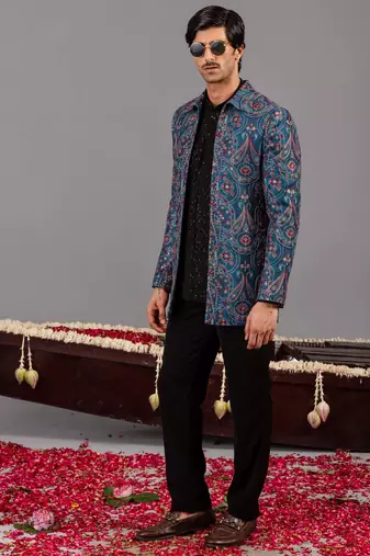 Blue georgette embroidered jodhpuri set for mens