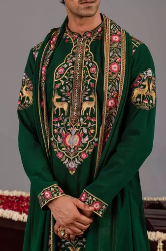 Bottle green georgette embroidered kurta set for mens