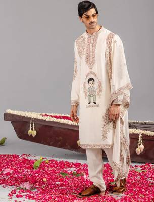 Cream georgette embroidered kurta set for mens 4