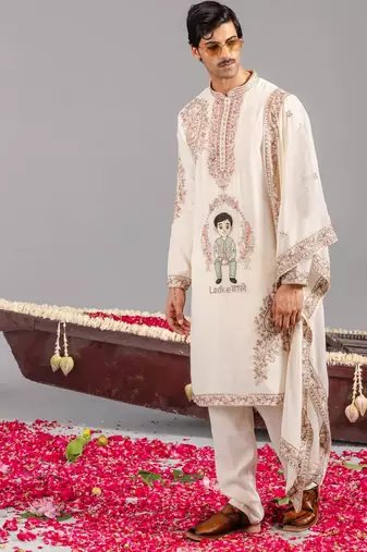 Cream georgette embroidered kurta set for mens