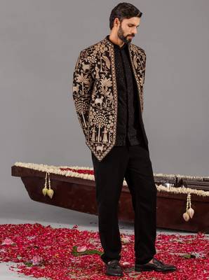 Black georgette embroidered jodhpuri set for mens 3