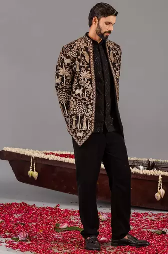 Black georgette embroidered jodhpuri set for mens