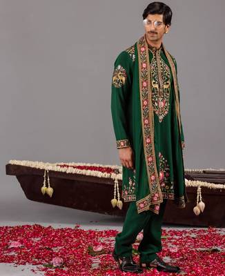 Bottle green georgette embroidered kurta set for mens 3
