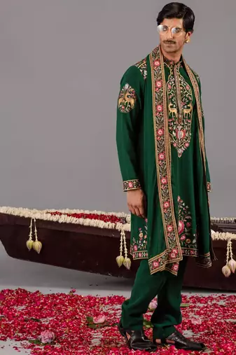 Bottle green georgette embroidered kurta set for mens