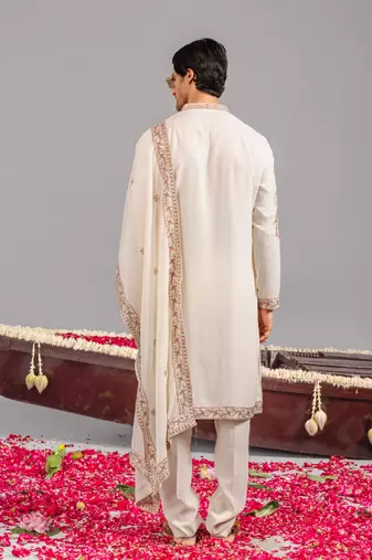 Cream georgette embroidered kurta set for mens