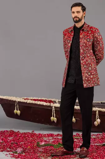 Maroon georgette embroidered jodhpuri set for mens